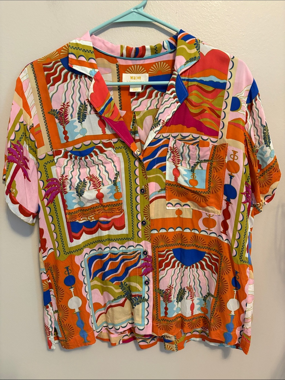 Maeve Multicolor Short-Sleeve Button-Down Shirt - Pink, Orange, Blue, Green